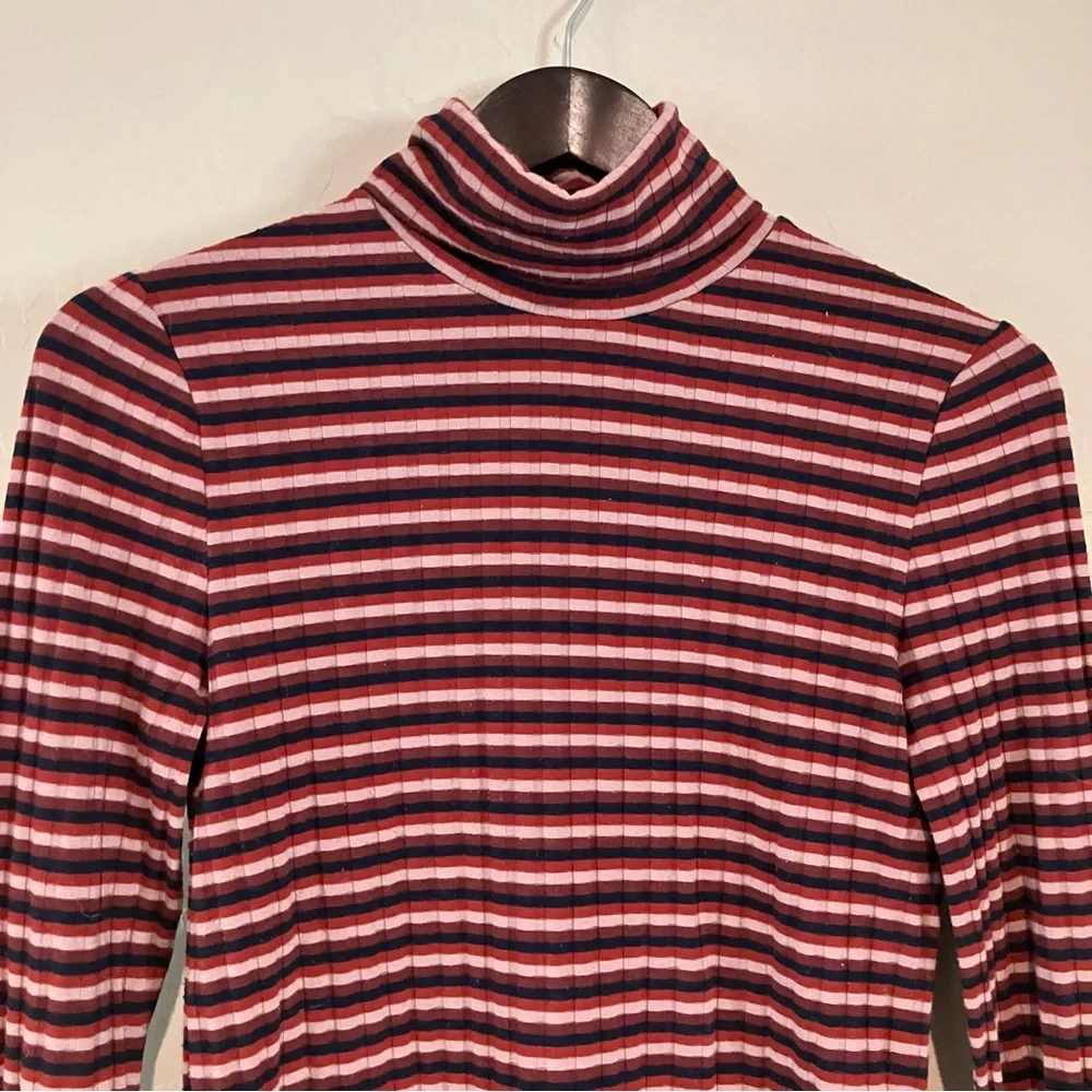 Madewell Red Multicolor Long Sleeve Striped Ribbed Stretch Turtleneck Top Sz S - Picture 5 of 12